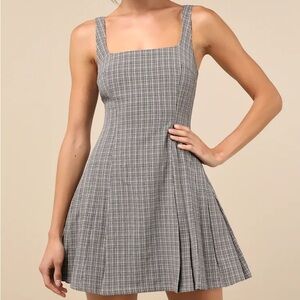 Lulus Charming Dynamic Brown Plaid Square Neck Pleated Mini Dress